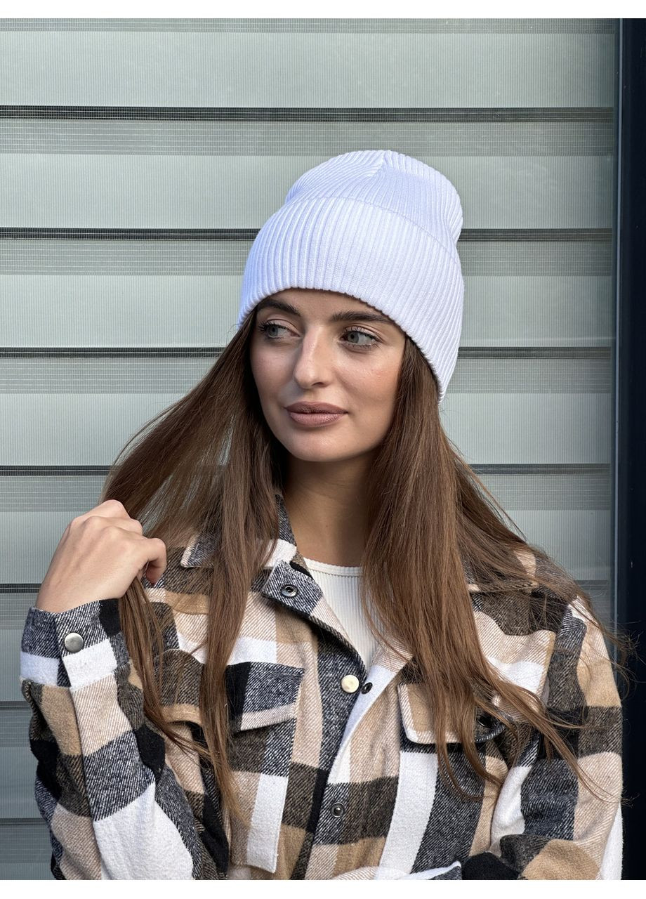 Шапка жіноча базова демісезонна в рубчик біла FERO (359429723)
