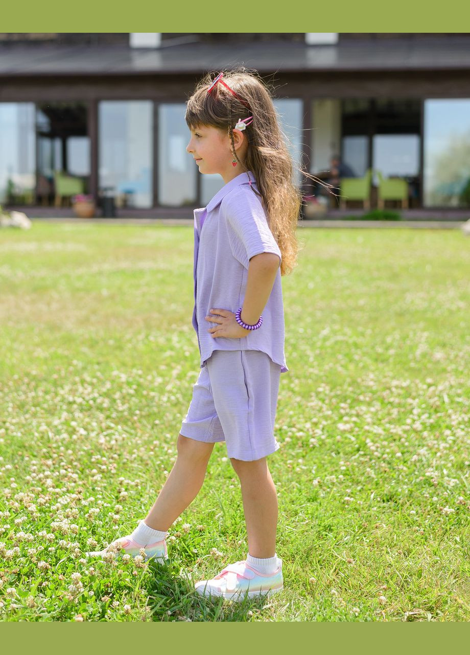 Сиреневый костюм детский из креп жатки рубашка и шорты сиреневый Maybel