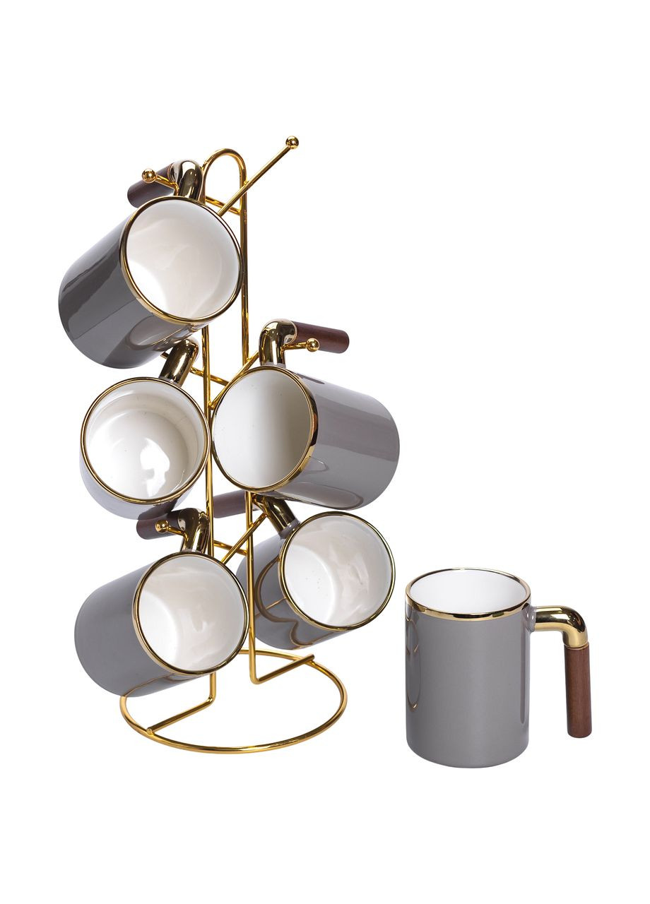 Набір керамічних чашок 6 штук сірі на металевій підставці для гарячих напоїв посуд кухонний ProDobro (364190128)