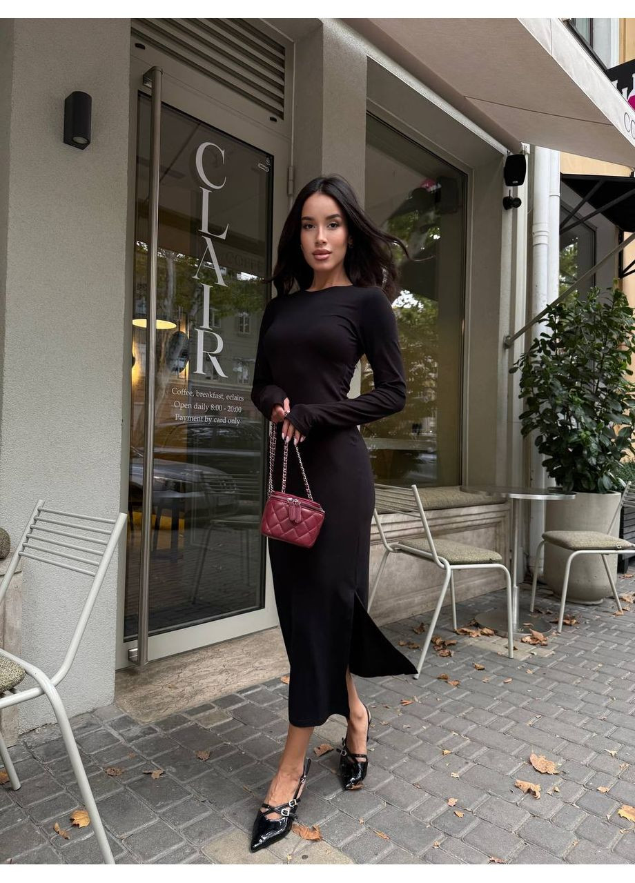 Черное повседневный платье с длинным рукавом и разрезом сбоку – элегантность каждой детали 💫 (замеры в описании) DK/DL Мода без кордонів однотонное
