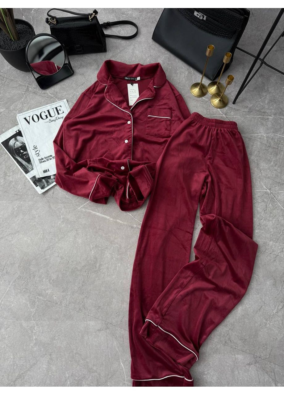 Бордовая всесезон женская пижама из велюра рубашка + брюки Adelante