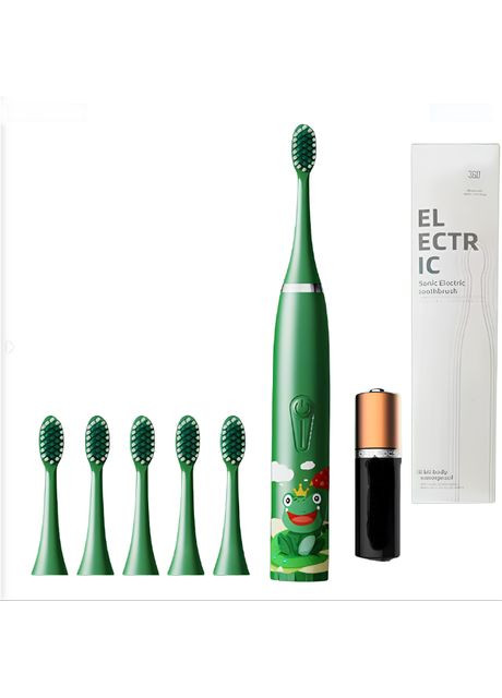 Зубная щетка детская электрическая с таймером и 6 насадок. Зеленая No Brand (329187329)