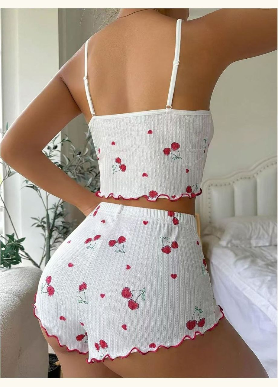 Комбінована всесезон піжама вишеньки жіноча в рубчик набір майка шортики з декором рюші принт вишня майка + шорти No Brand Піжама чорна в рубчик рожеві Вишні