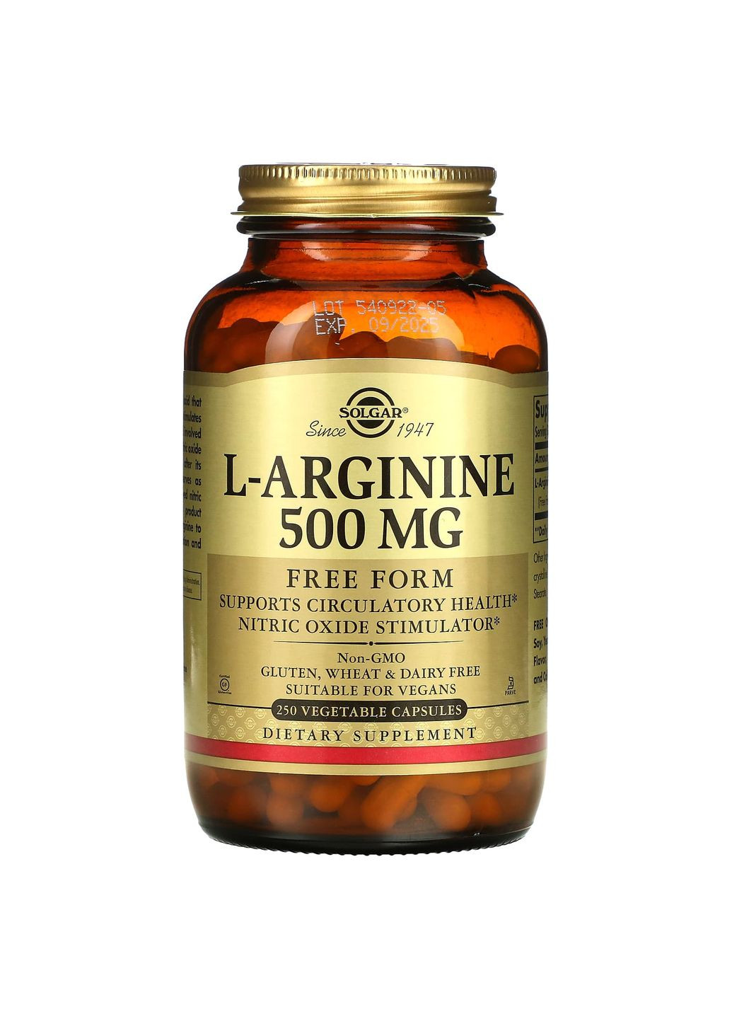 Аргінін, L-Arginine,, вільна форма, 500 мг, 250 вегетаріанських капсул Solgar (367987050)