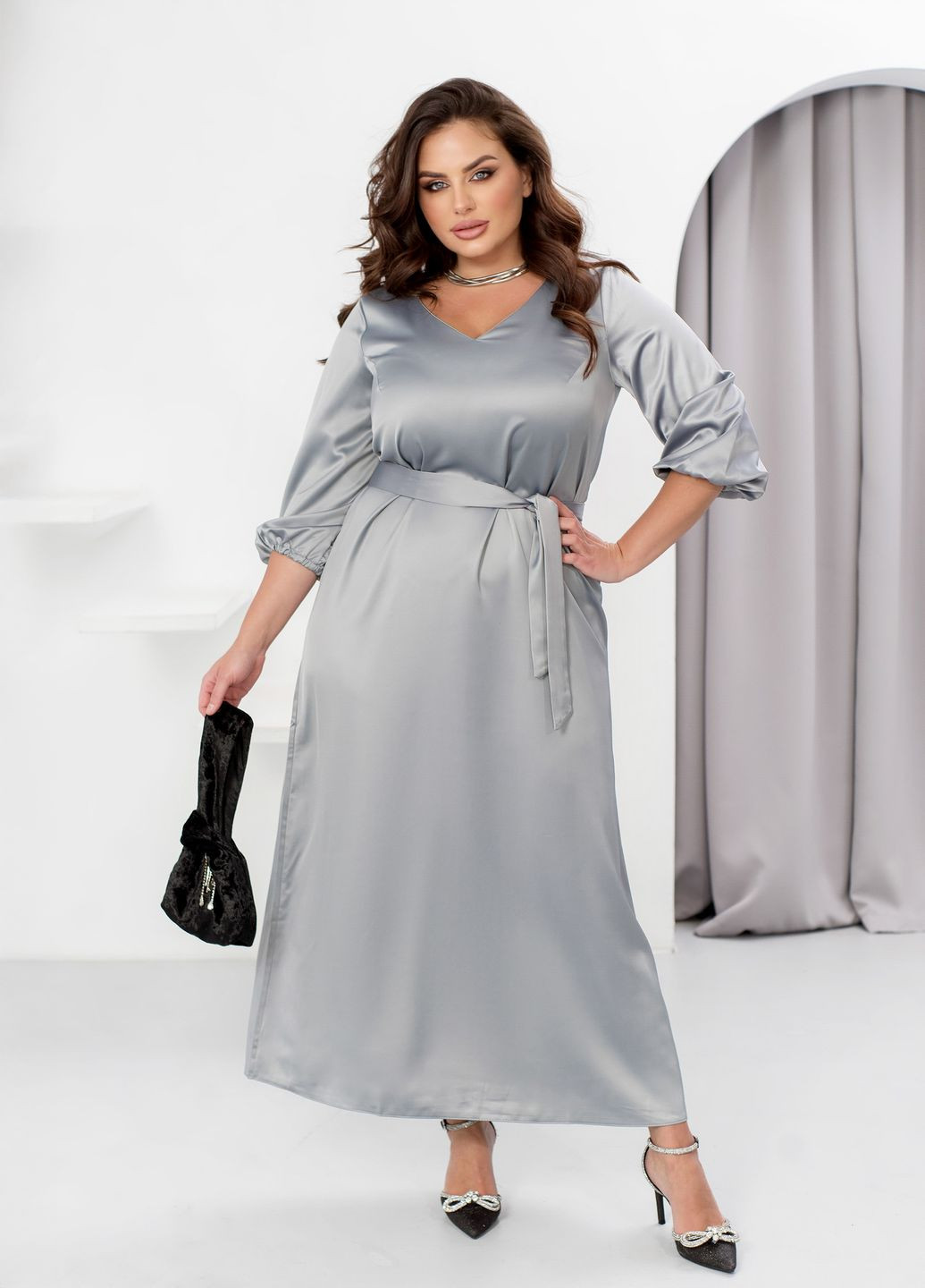 Сіра святковий, вечірня вечірня сукня шовкова з довгими рукавами та поясом дзвін, а-силует No Brand однотонна