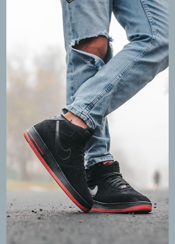 Черные зимние кроссовки зимние мужские nike air force 1 winter high black fur | найк аир форс 1 высокие черные с мехом No Brand