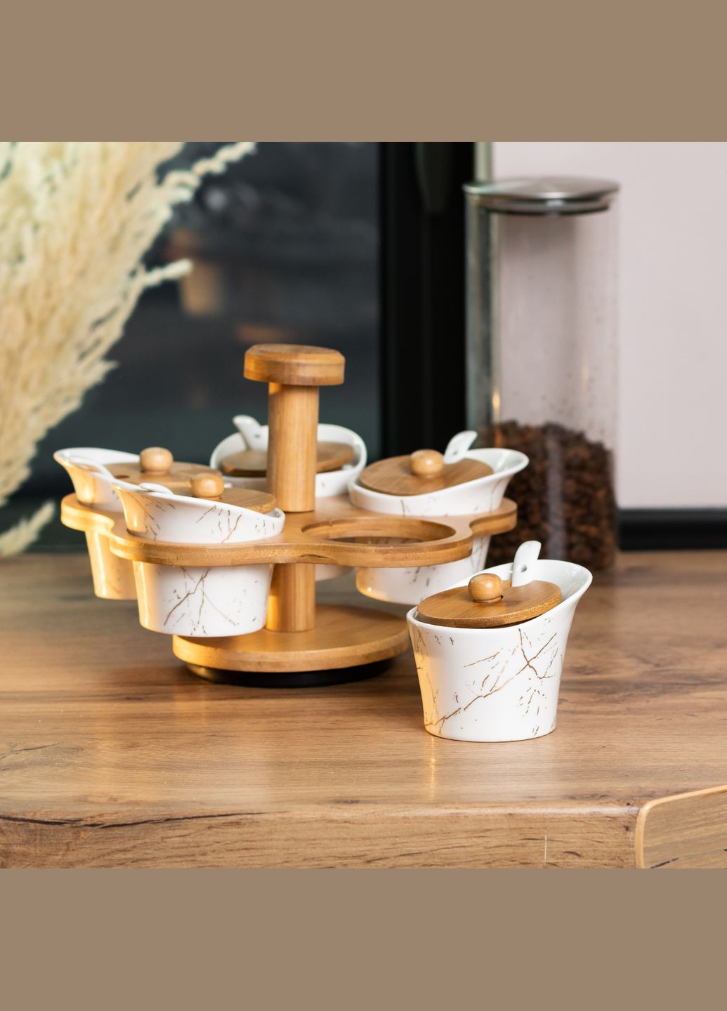 Набір баночок для сипучих продуктів 5 штук по 120 мл на підставці, що обертається, мармур Yiwu (328602852)