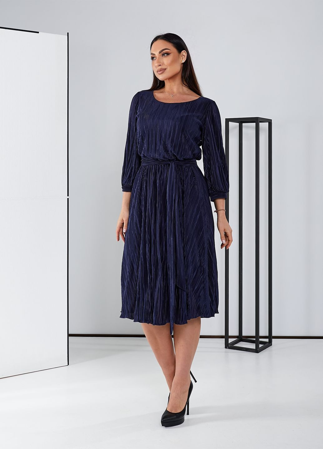 Темно-синее праздничный, коктейльное, вечернее платье плиссе клеш, колокол, плиссированное No Brand однотонное