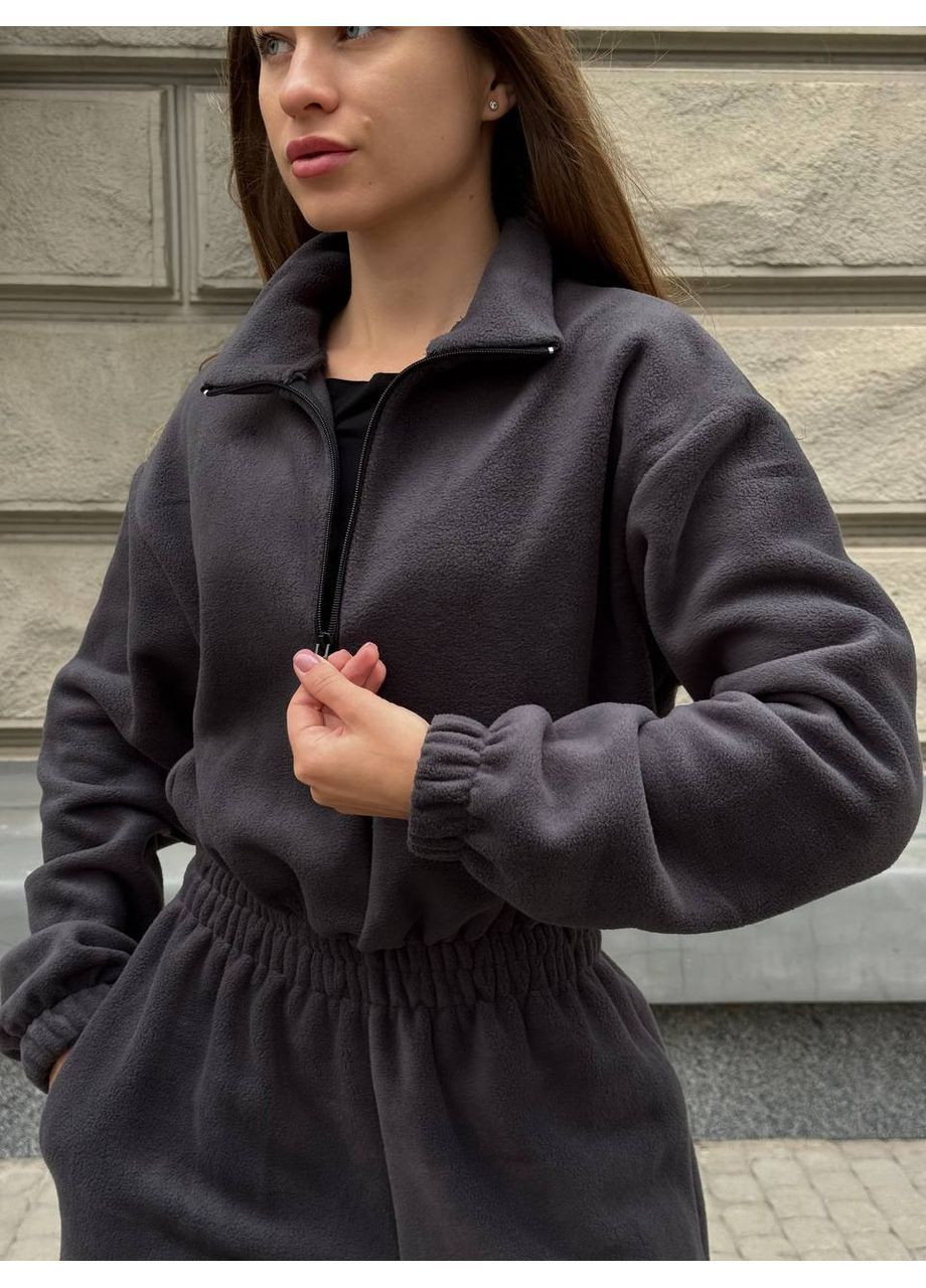 Женский флисовый комбинезон оверсайз с воротником-стойкой и молнией. MonCher комбинезон-брюки графитовый спортивный флис