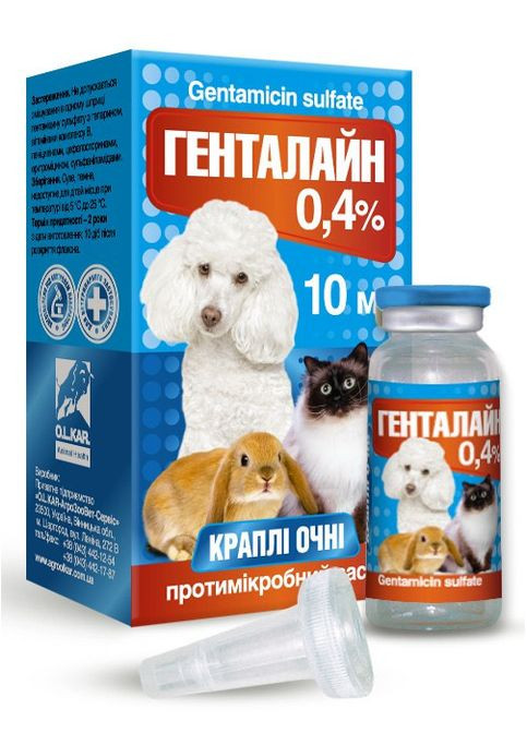 Капли глазные Генталайн 0,4 % для грызунов, собак и котов 10 мл O.L.KAR (268127424)