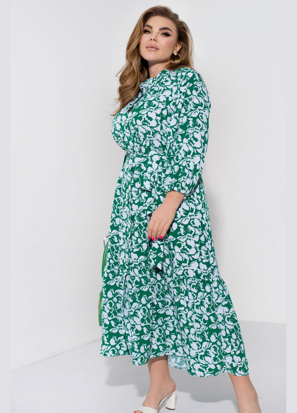 Зеленое кэжуал, повседневный трендовое платье колокол No Brand с цветочным принтом