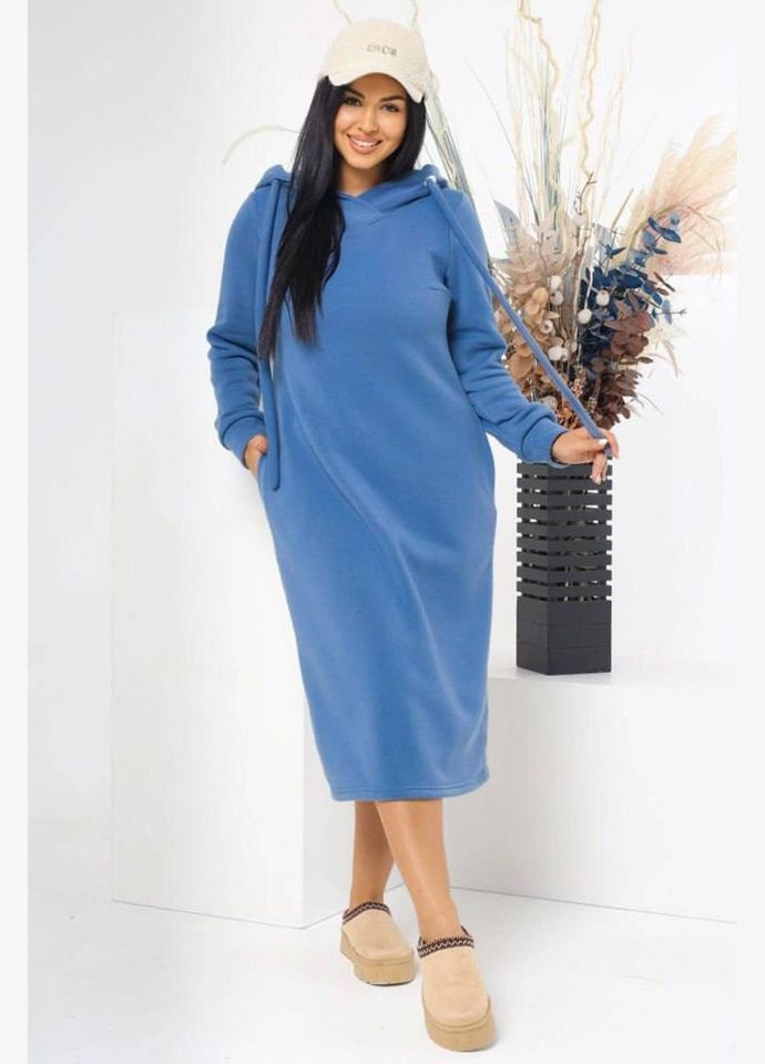Синя кежуал сукня-худі жіноча напівбатальна на флісі синього кольору оверсайз Let's Shop з квітковим принтом