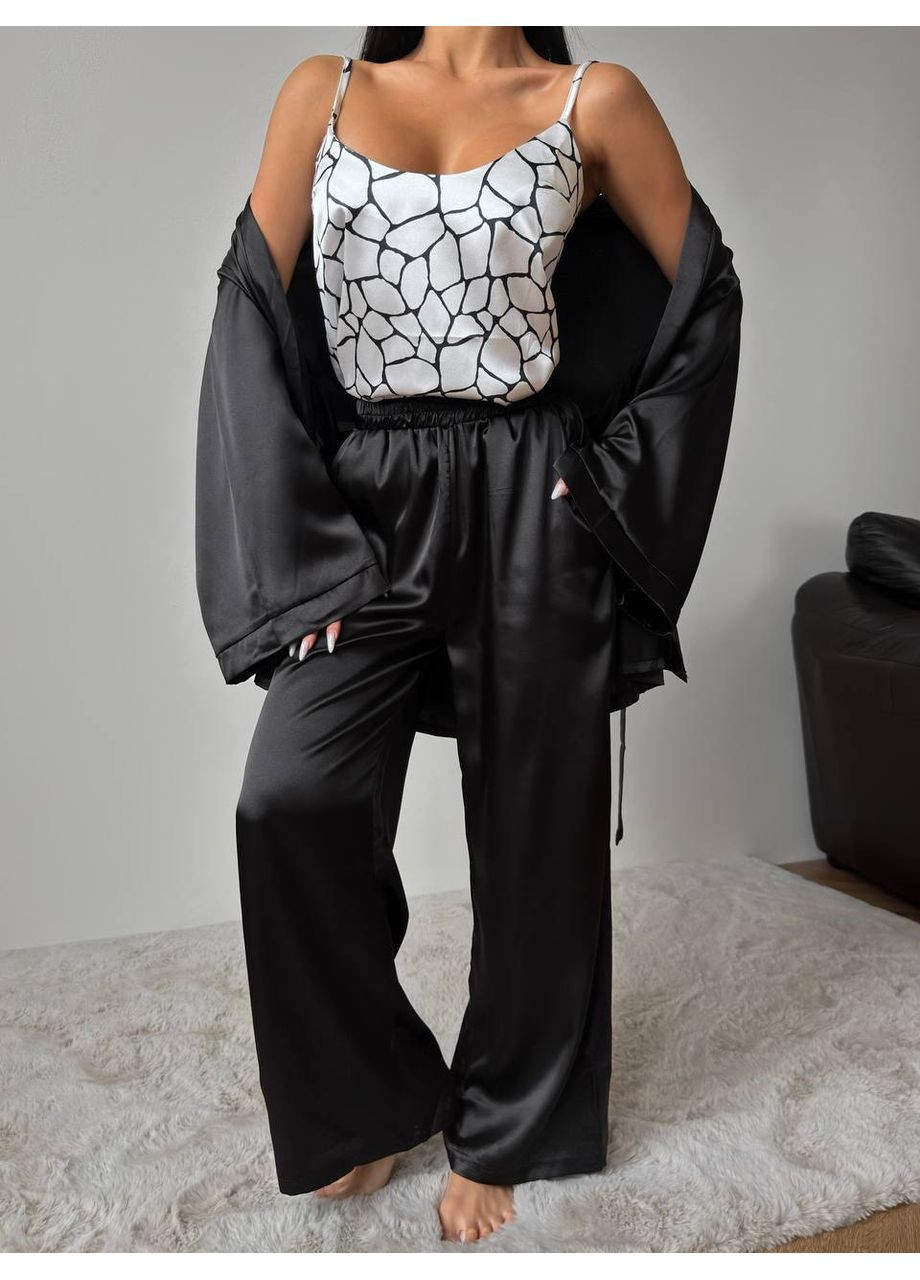 Черно-белая всесезон женская пижама - домашний костюм тройка. майка + брюки No Brand