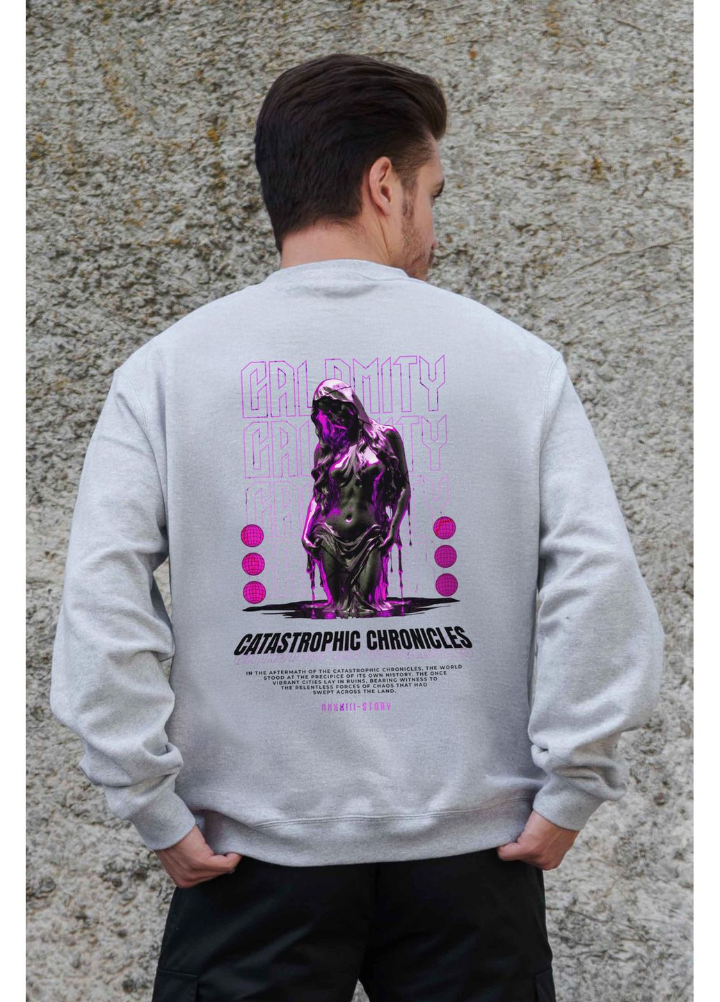 Сірий чоловічий утеплений оверсайз світшот на флісі з принтом calomity Without однотонний без декору (361267577)