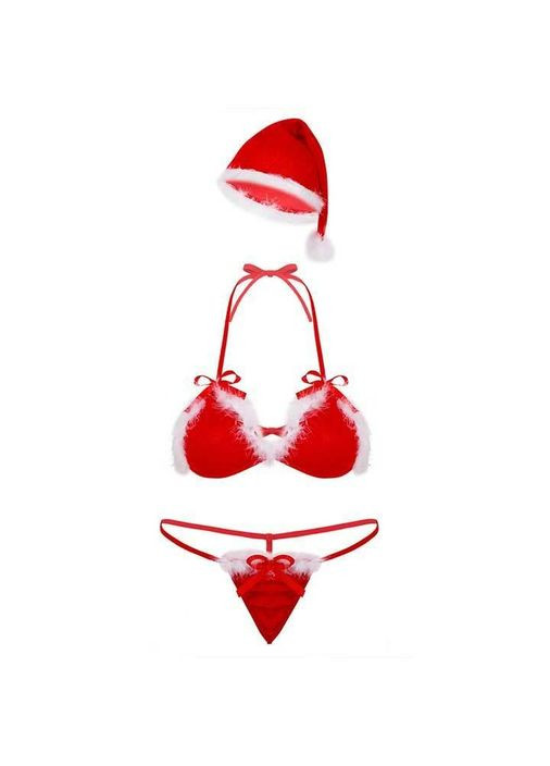 Новогодний костюм с шапочкой размер XS-M красного цвета для ролевых игр. Женский новогодний костюм Санты бдсм China (334708403)