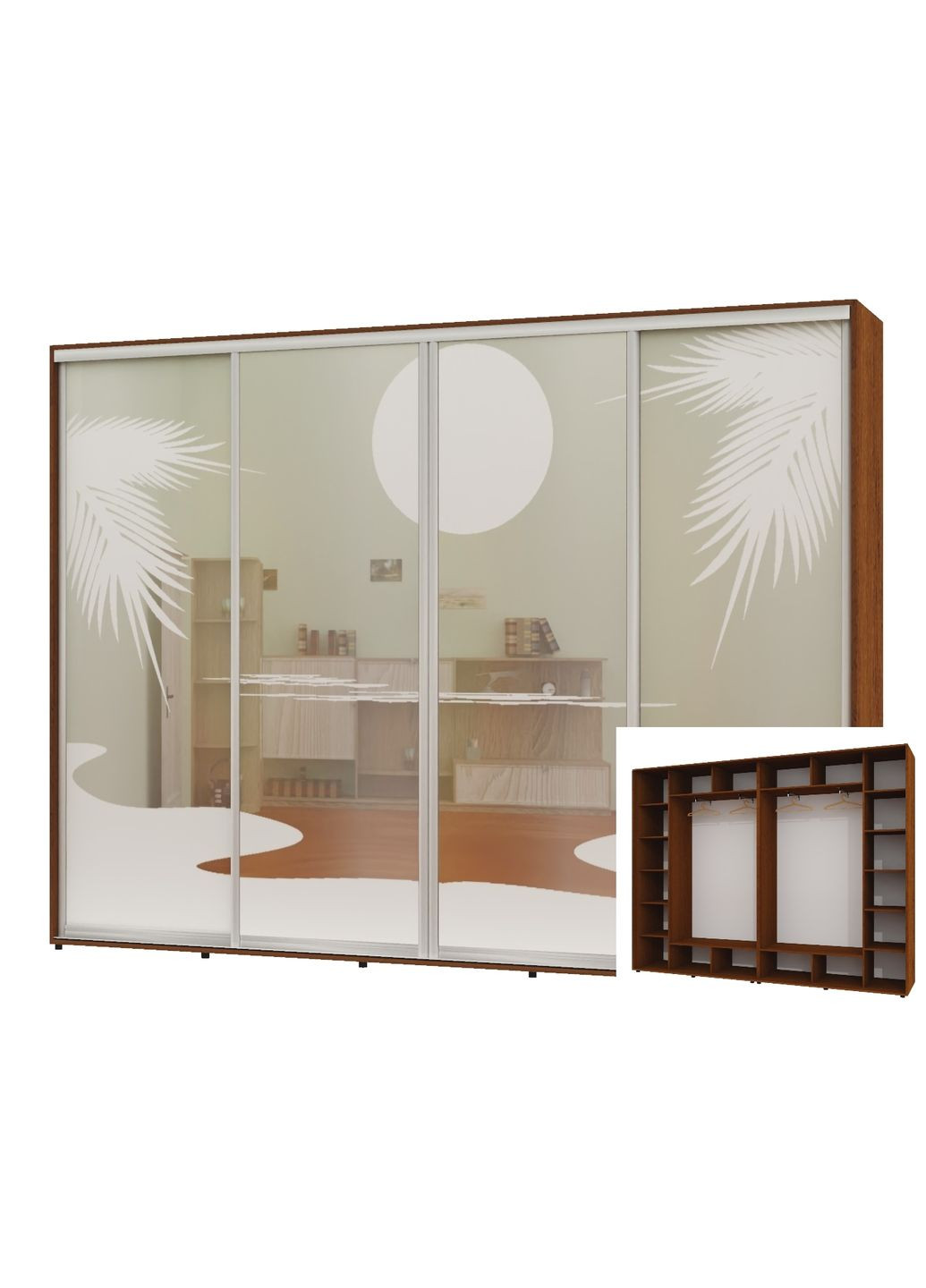 Шкаф-купе четырехдверный 340*45*220 Орех лесной Зеркало с пескоструйным рисунком Алекса (360465414)