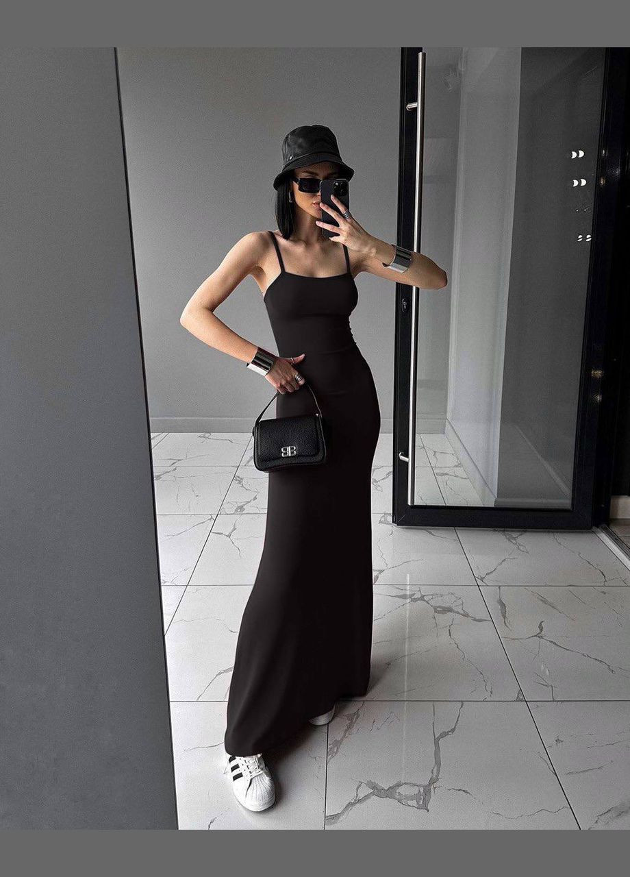 Чорна приталена сукня-максі на бретельках чорного кольору з турецької тканини. No Brand однотонна