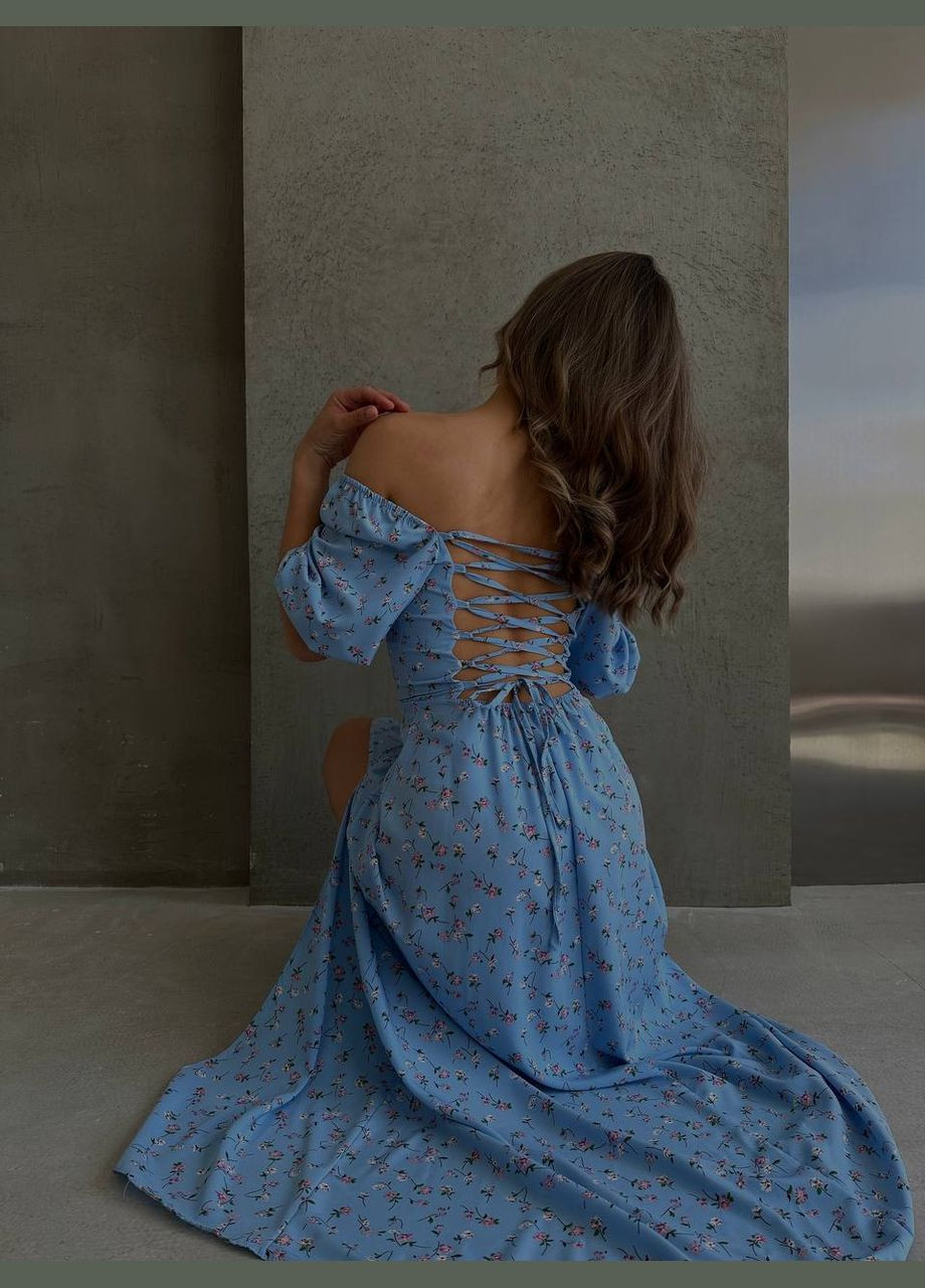 Блакитна кежуал жіноча сукня FINO Mode з квітковим принтом