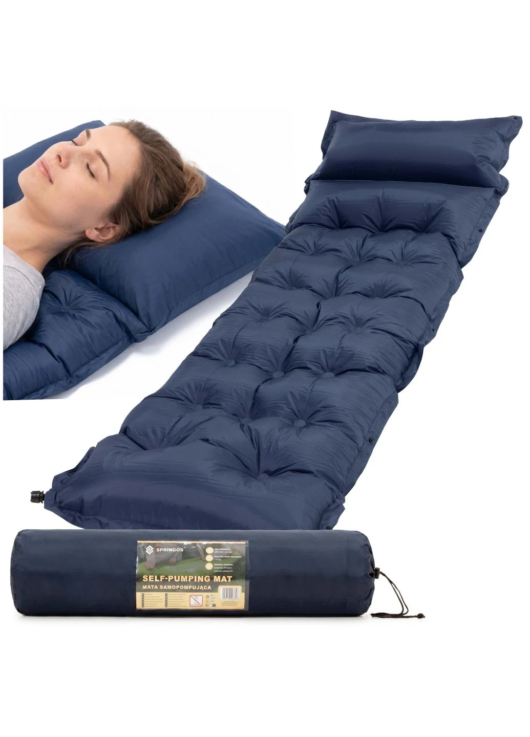 Самонадувающийся коврик 193 x 66 x 3.5 см с подушкой Navy Blue Springos PM054 (398856683)
