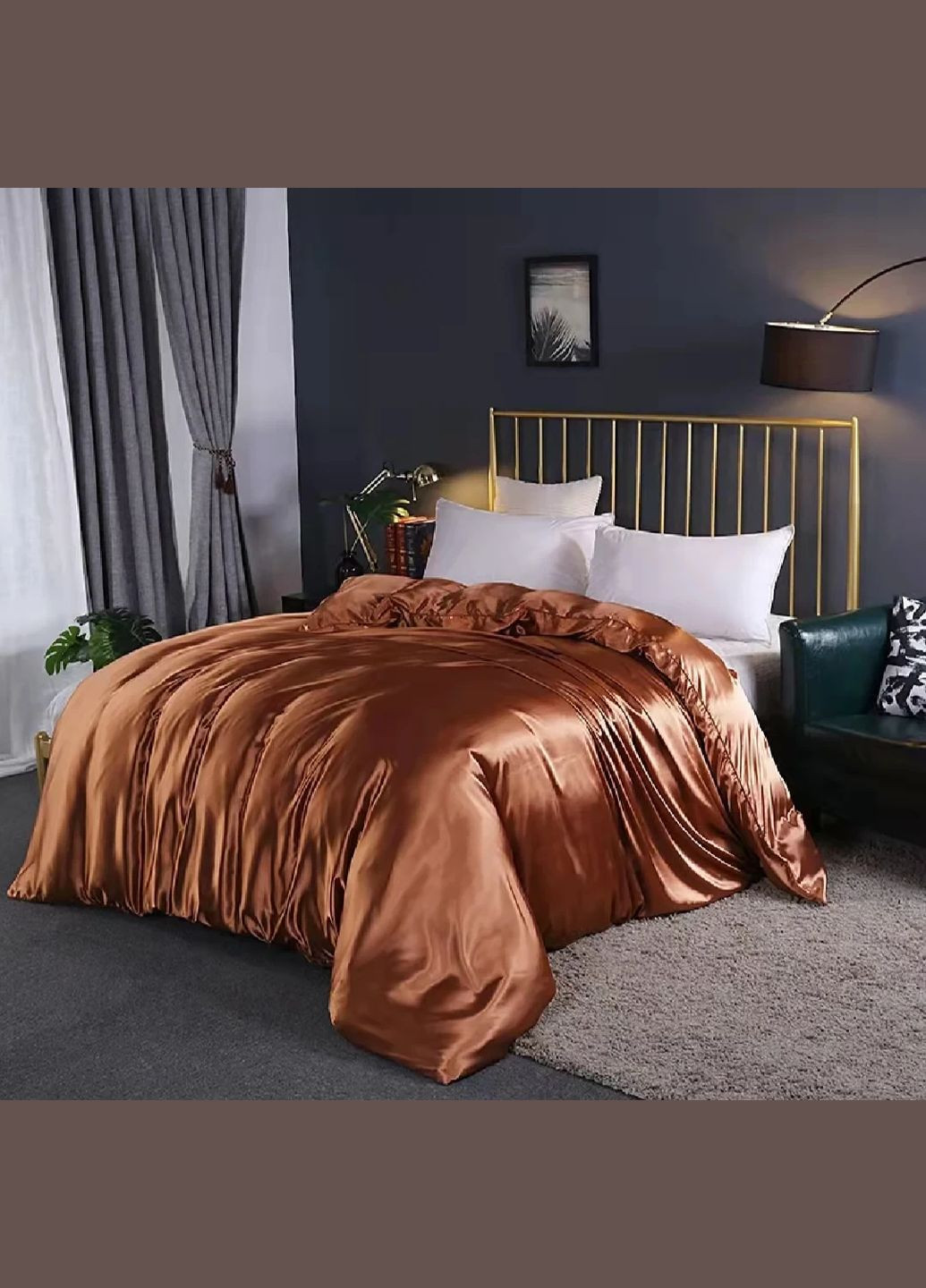 Атласное Бело-Бронзовое Евро постельное белье 200х220см Moka textile (316632067)