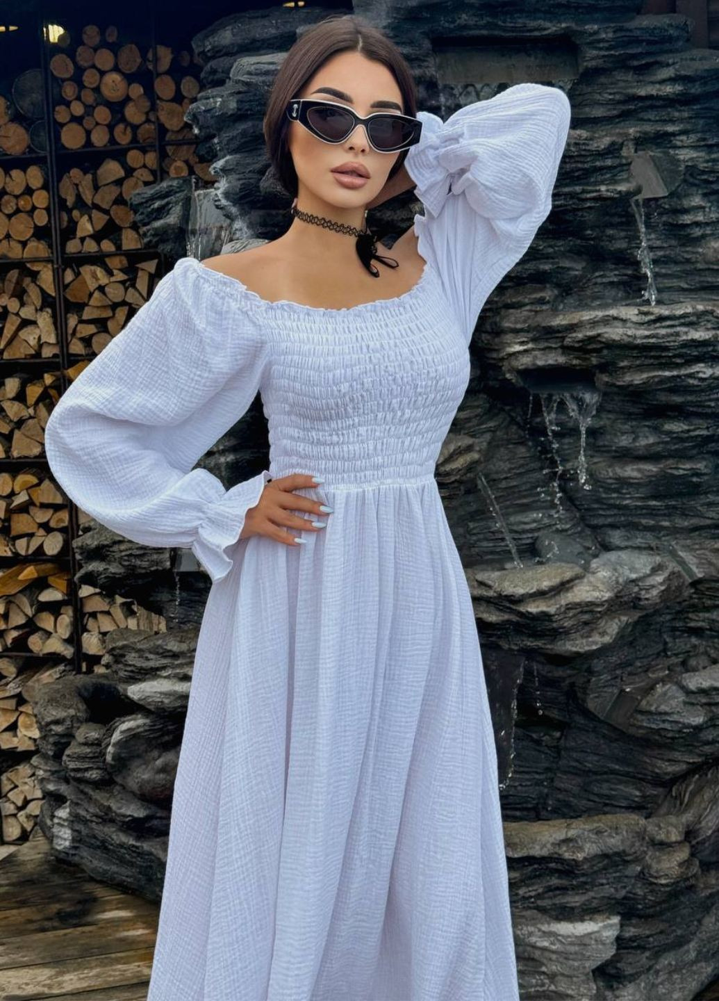 Білий повсякденний вишукана легка літня максі сукня з довгими рукавами ліхтарик Tik-Tak однотонна