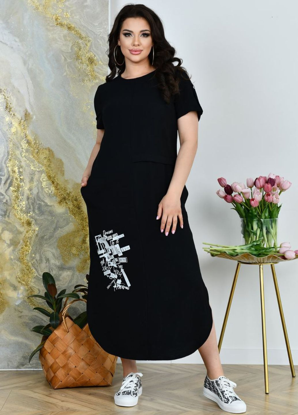 Черное повседневный платье свободного кроя с принтом No Brand с абстрактным узором