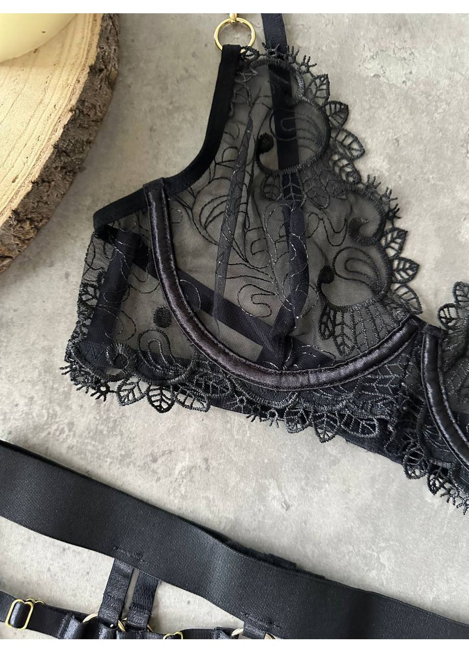 Чёрный балконет комплект белья "desire set" | чашка с косточкой, чокер и гартеры в комплекте, черный Vital-Textile с косточками полиэстер, эластан
