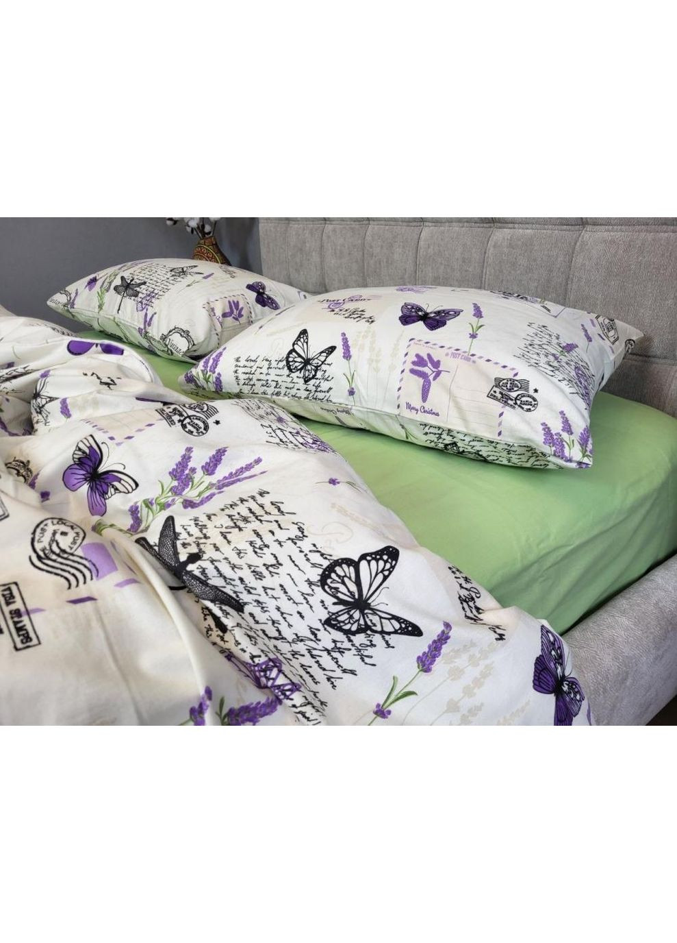 Постельное белье с резинкой Открытка/салатовый, фланель(байка) Семейный размер, наволочки 70/70 No Brand (363193554)