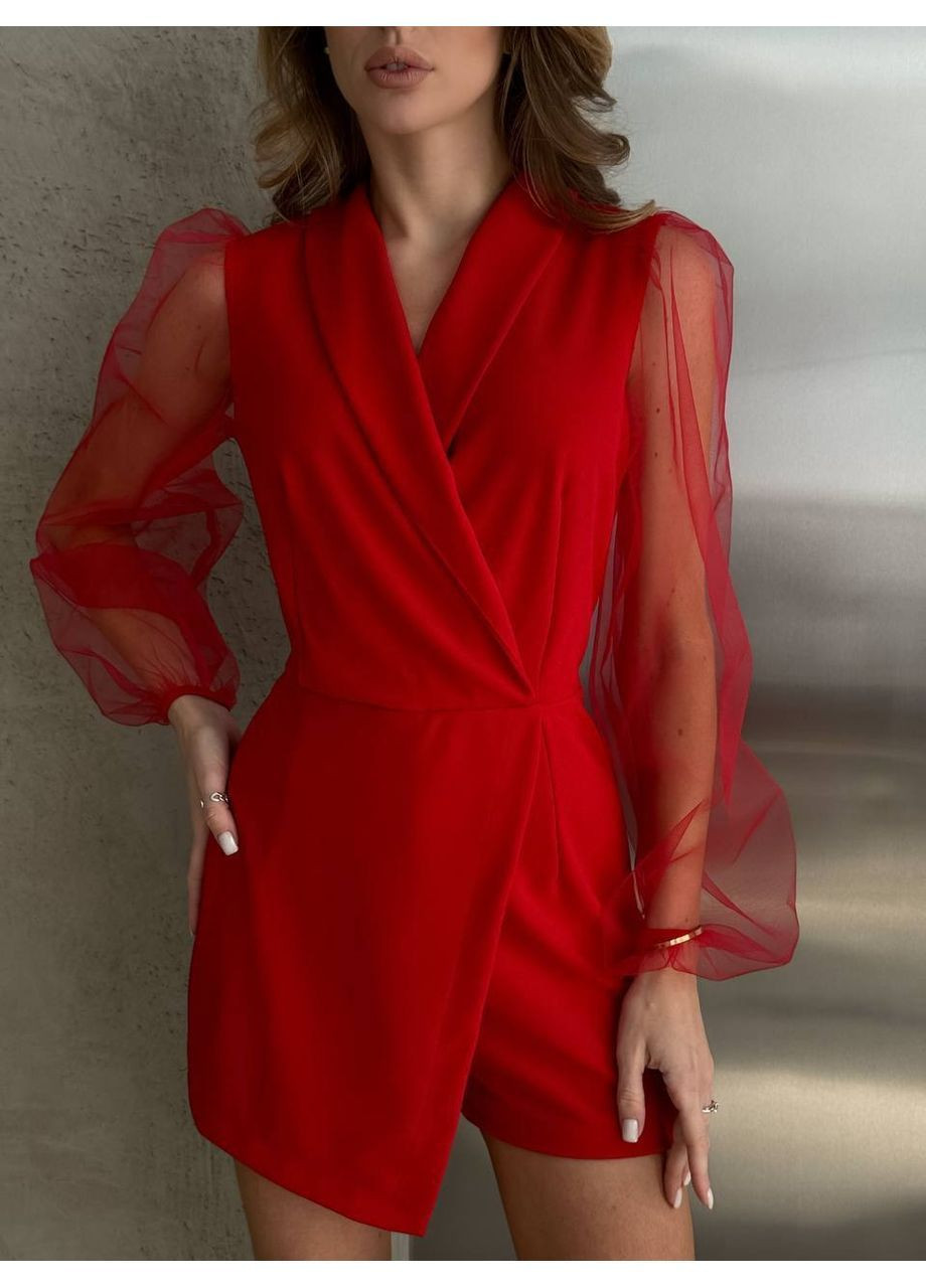 Комбинезон женский изысканый Style Point комбинезон-шорты однотонный красный праздничный, кэжуал креп-дайвинг