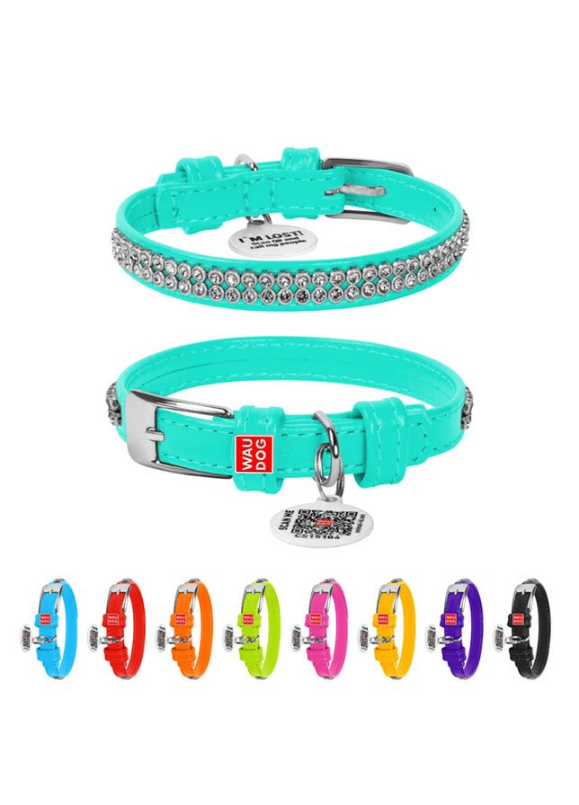 Нашийник для собак шкіряний Glamour з QR паспортом, з прикрасою "Полотно стрази",, Ш 9 мм, Дов 18-21 см ментоловий WAUDOG (322001368)
