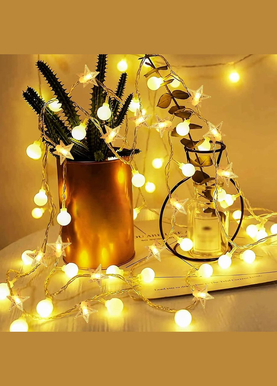 Світлодіодна гірлянда кульки та зірки AWFLTO 15 м, 120 LED, 8 режимів, пульт, водостійка, для вулиці та дому No Brand (338193294)