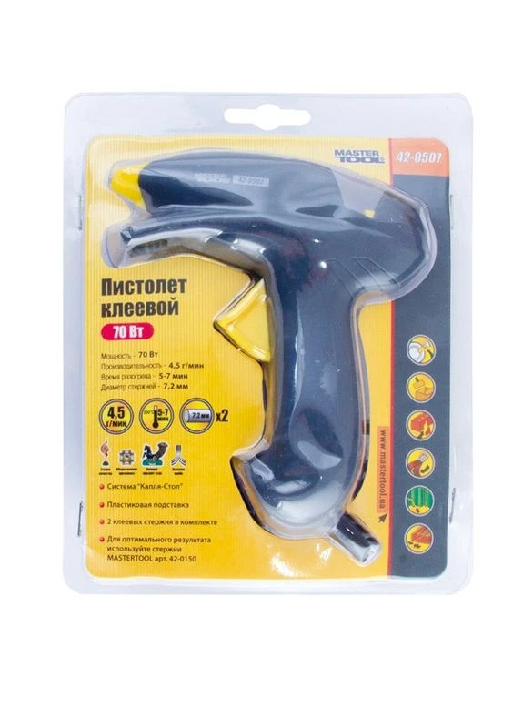 Пистолет клеевой Ø 7,2 мм 70Вт/220В/50Гц 4,5 г/мин "Капля-Стоп" 42-0507 Mastertool (392103993)