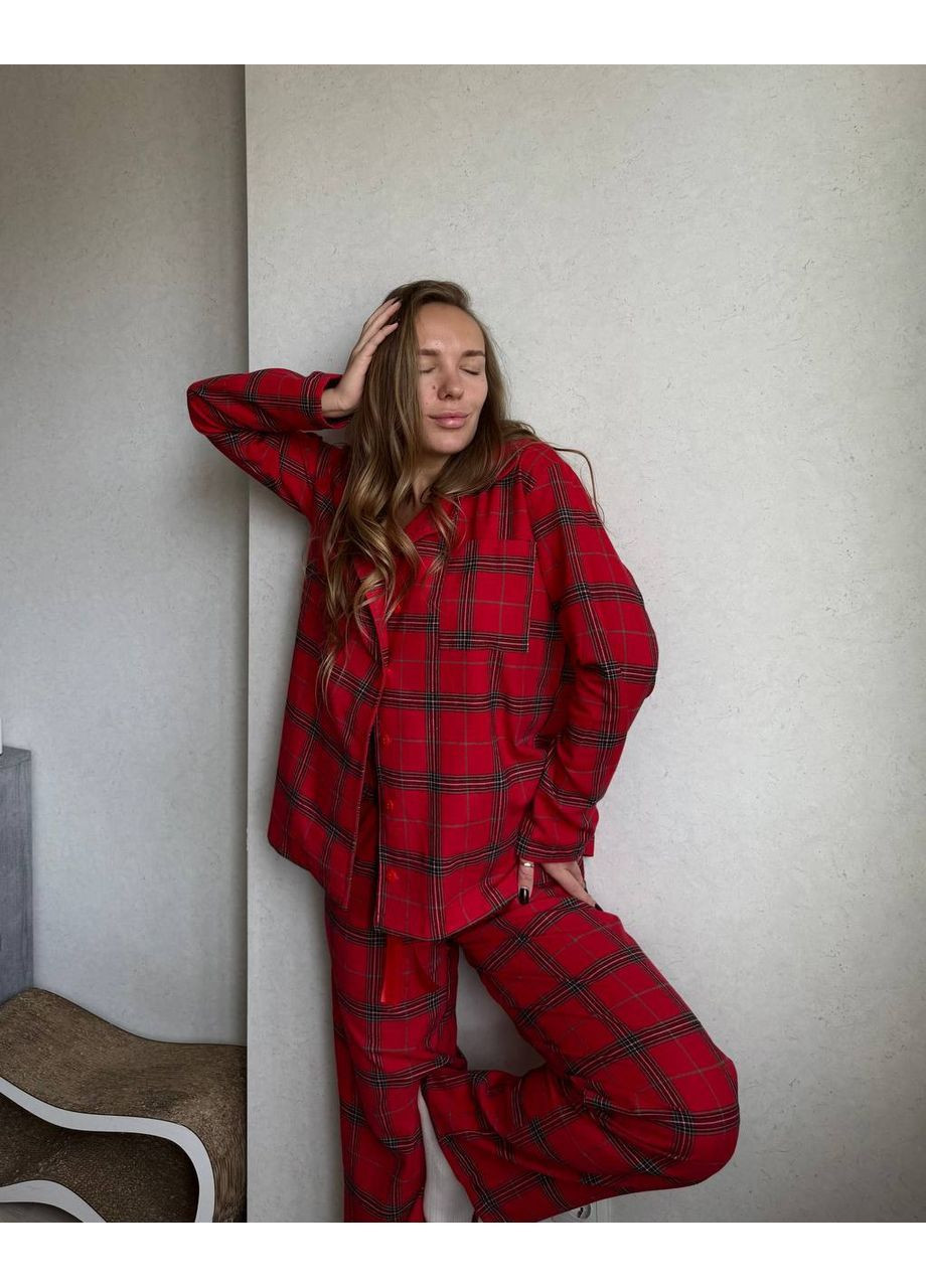 Червона всесезон жіноча тепла піжама в червону клітинку | класичний новорічний принт сорочка + брюки No Brand