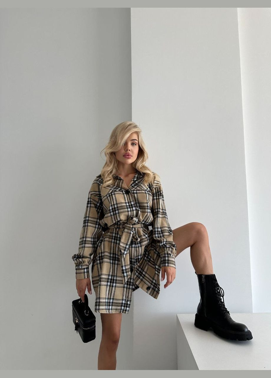 Жіноча сорочка сукня в клітинку з поясом коричнева You Best (304390778)