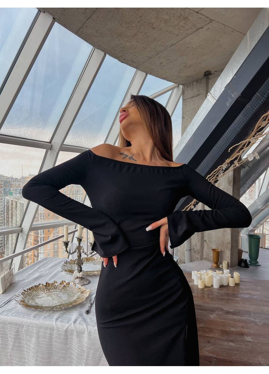 Чорна святковий 💋розкішна чорна сукня з розрізом і корсетною спинкою заміри в описі💋 силуетна DK/DL Мода без кордонів однотонна