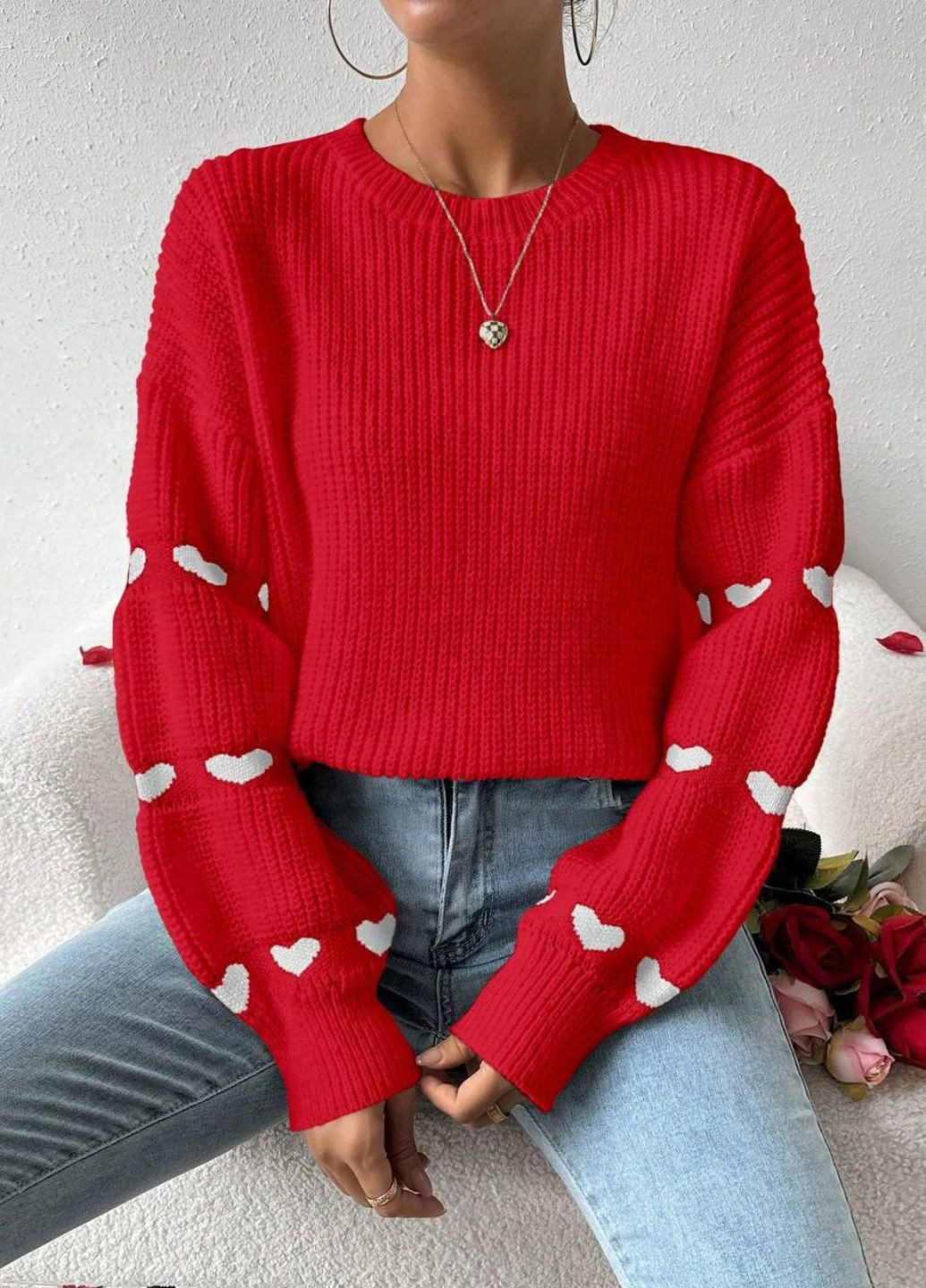 Червоний демісезонний повсякденний оверсайз светр з сердечками на рукавах Allthings