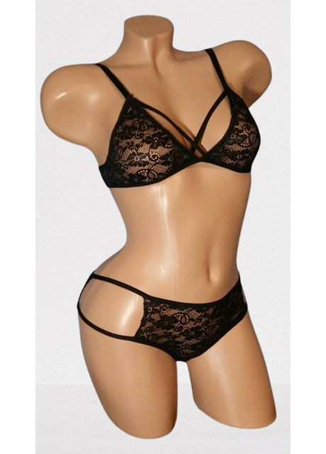 Черный демисезонный комплект белья с переплетением на груди No Brand