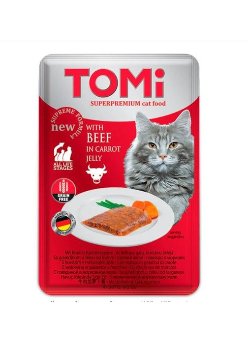 Вологий корм для котів яловичина в морквяному желі 100 г 490860 TOMI (276059543)
