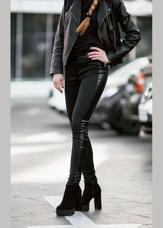 Лосини жіночі однотонні дайвінг з кишенями та вставкою еко шкіра демісезонні чорні No Brand (322168832)