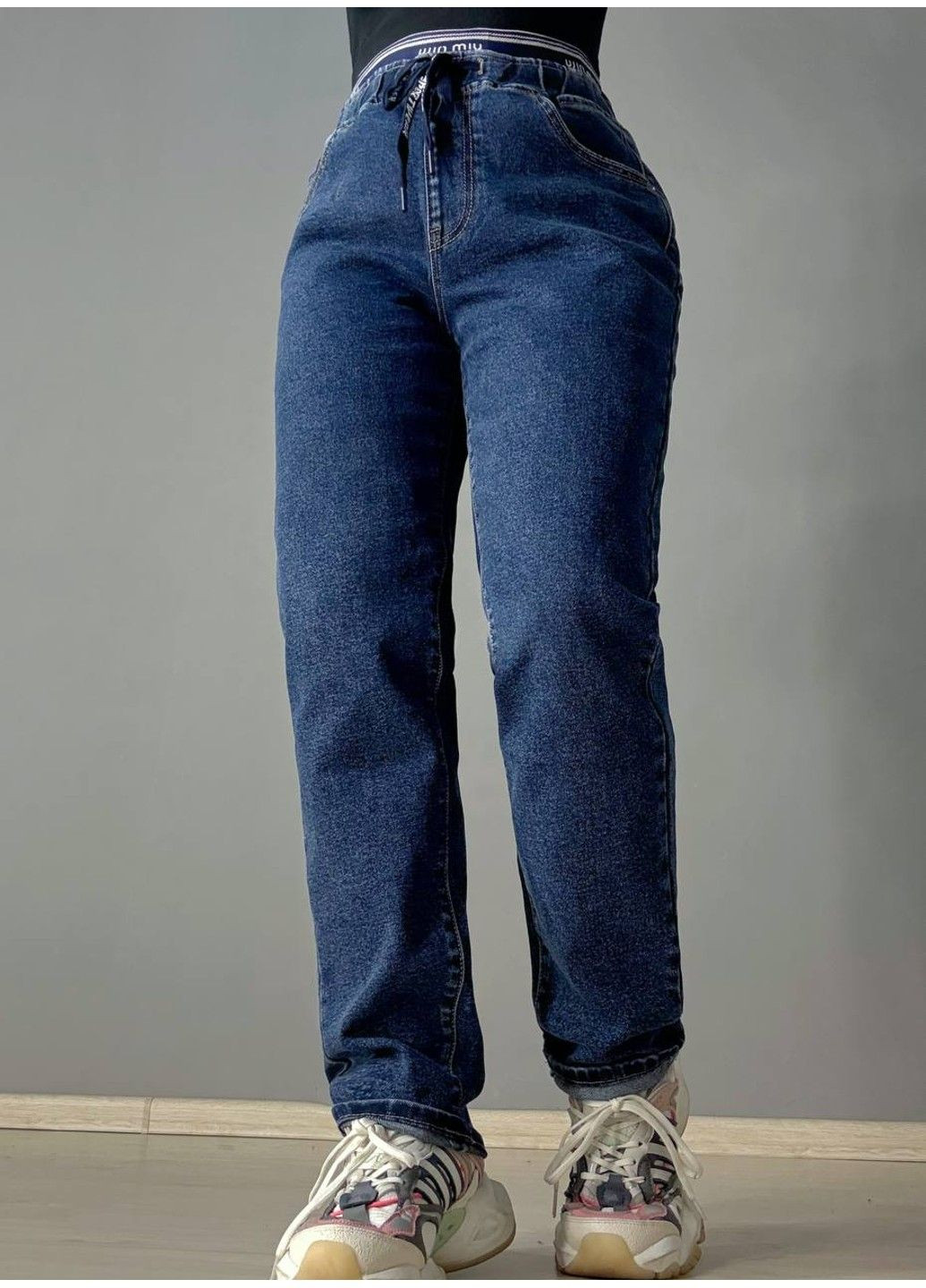 Джинсы женские 0250 МОМ бананы резинка на поясе батал большие размеры синие LDM - (360272231)