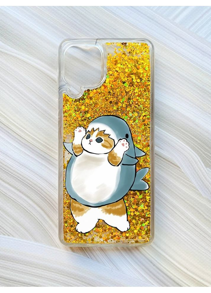 Чехол с плавающими блестками на Samsung Galaxy A22 4G/M22/M32 Золотой:: Котик акула (принт 379) Creative (360658270)
