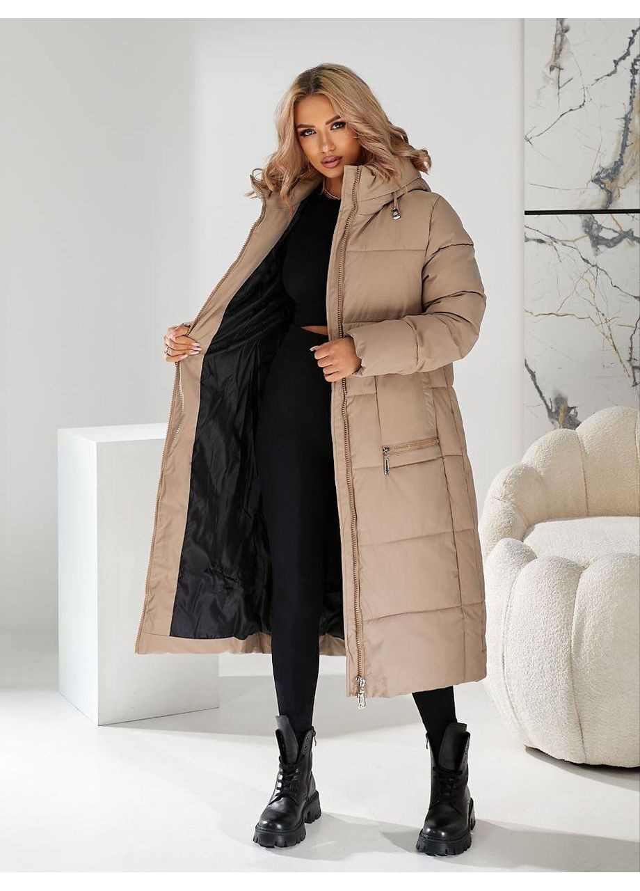Бежеве зимнє Пальто куртка жіноча довга зимова з капюшоном No Brand