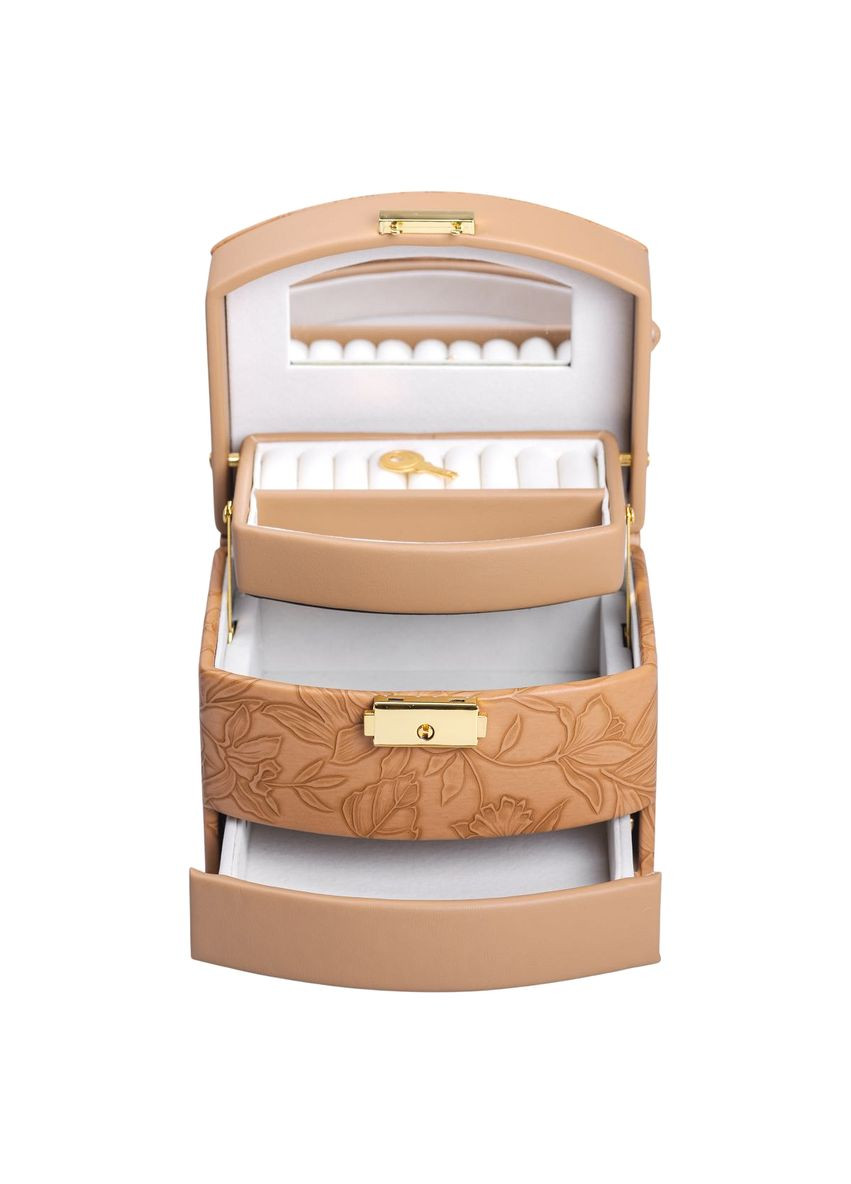 Шкатулка для украшений из экокожи коричневая 3 яруса с замком органайзер для ювелирных изделий с зеркалом ProDobro (364193345)