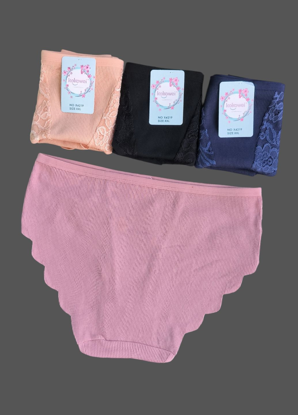 Набор 4 шт хлопковые трусы слип в рубчик с кружевом впереди (сзади бесшовные края, что не передавливают ягодицы) Kokowei (330143737)