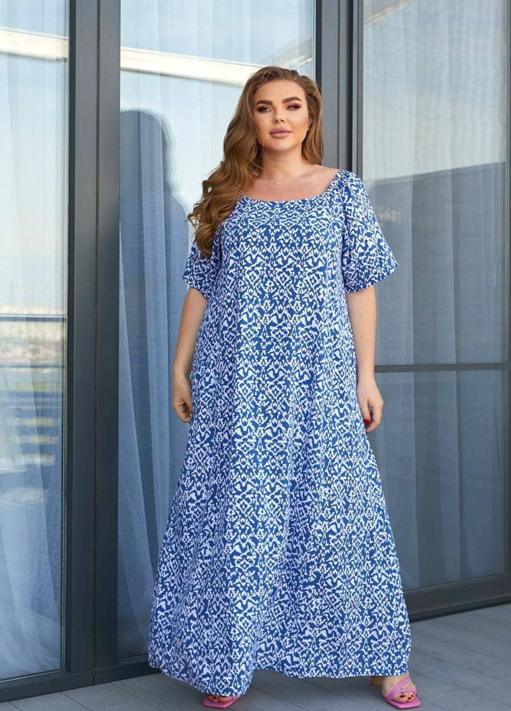 Синя повсякденний сукня-максі з абстрактним візерунком No Brand з абстрактним візерунком