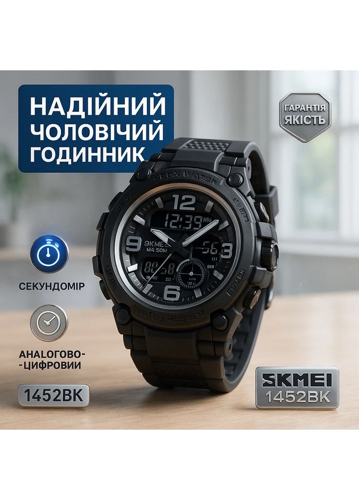 Годинник наручний чоловічий SKMEI 1452BK BLACK, водонепроникний чоловічий годинник. Колір: чорний No Brand (359474529)