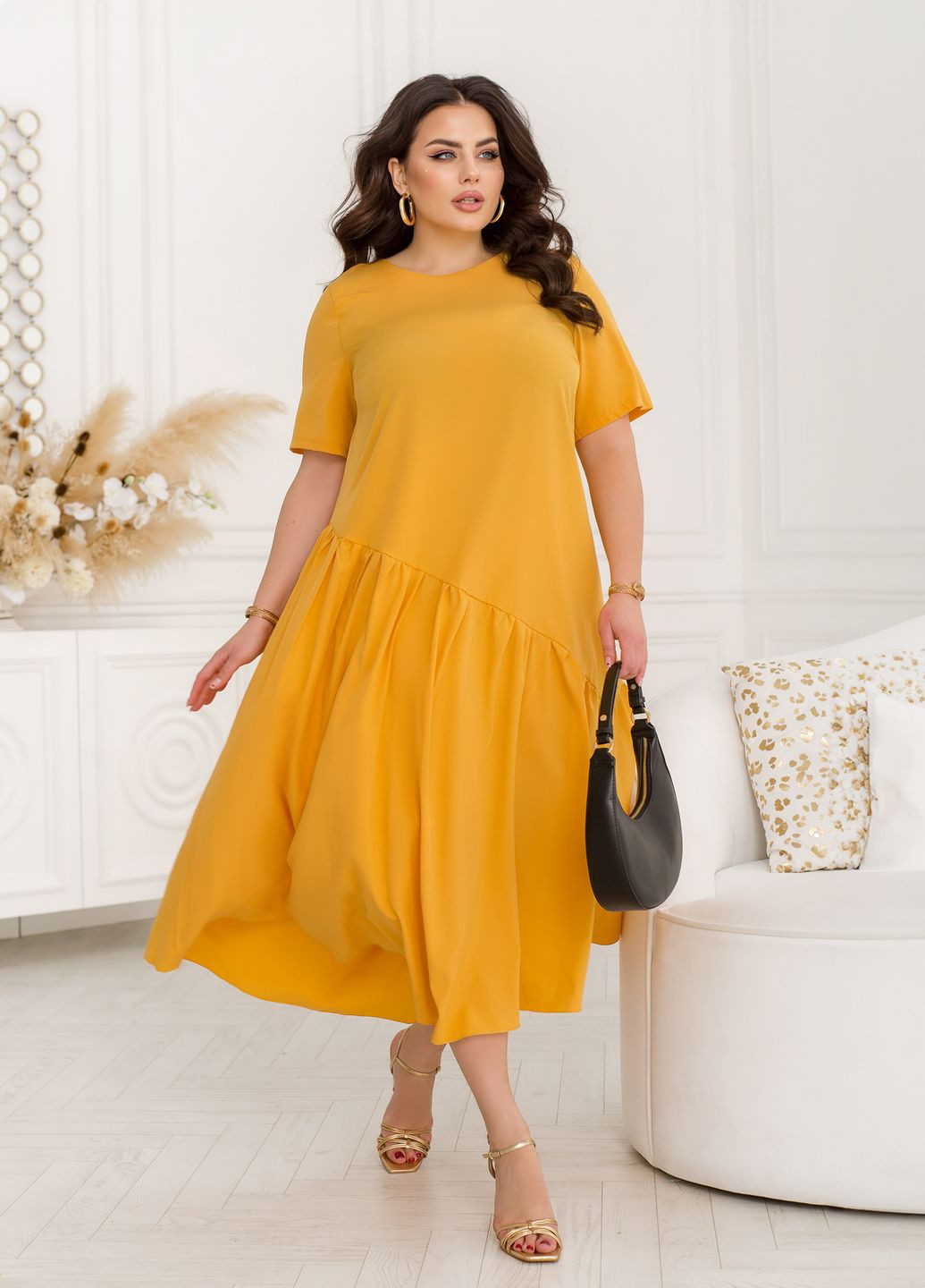 Жовтий повсякденний, кежуал сукня-міді з короткими рукавами а-силует No Brand однотонна