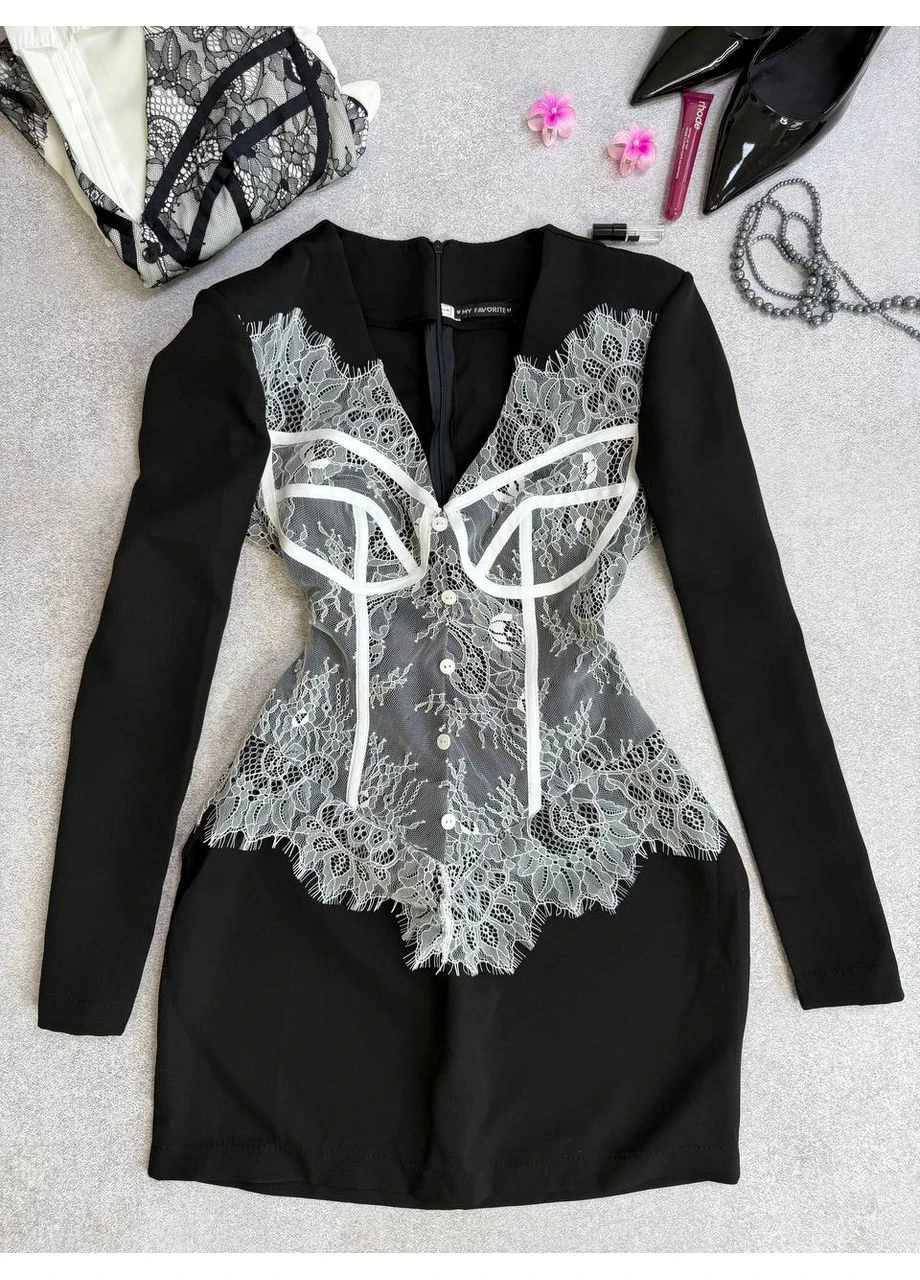 Чорна святковий сукня з костюмки та французького мережива — заміри в описі силуетна GD/GL Модний простір однотонна