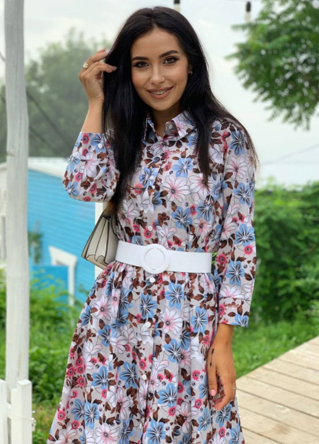 Серое повседневный платье-рубашка на пуговицах рубашка Allthings с цветочным принтом