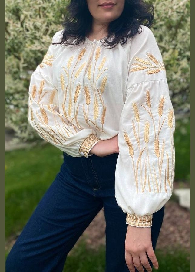 Молочна жіноча лляна вишиванка з вишивкою колосків, молочна сорочка з натурального льону, етно стиль візерунок орнамент приталена, вільна, пряма льон (332614984)